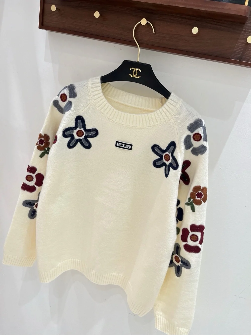Miu Miu Cream Sweater with Multicolor Floral Embroidery